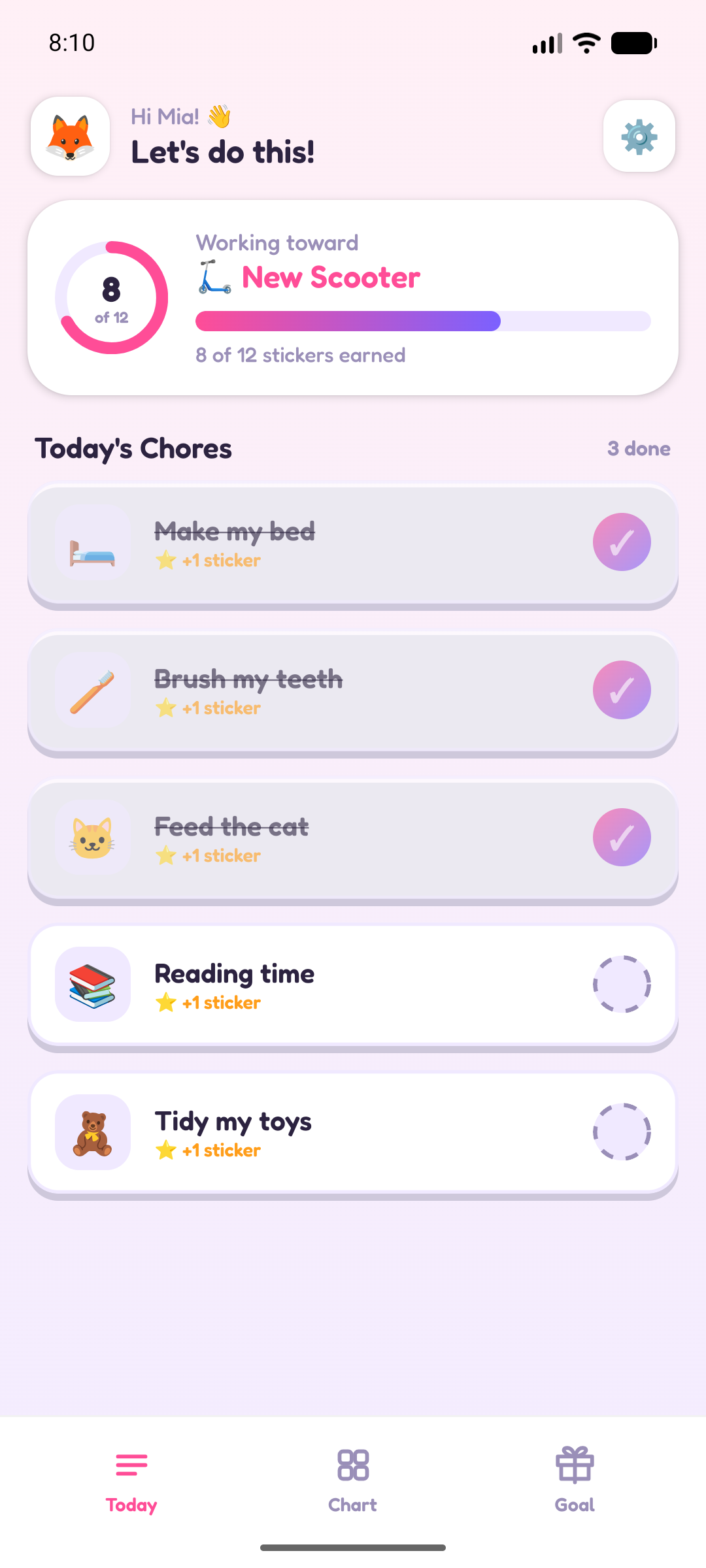 The Today screen showing a list of chores with two ticked off