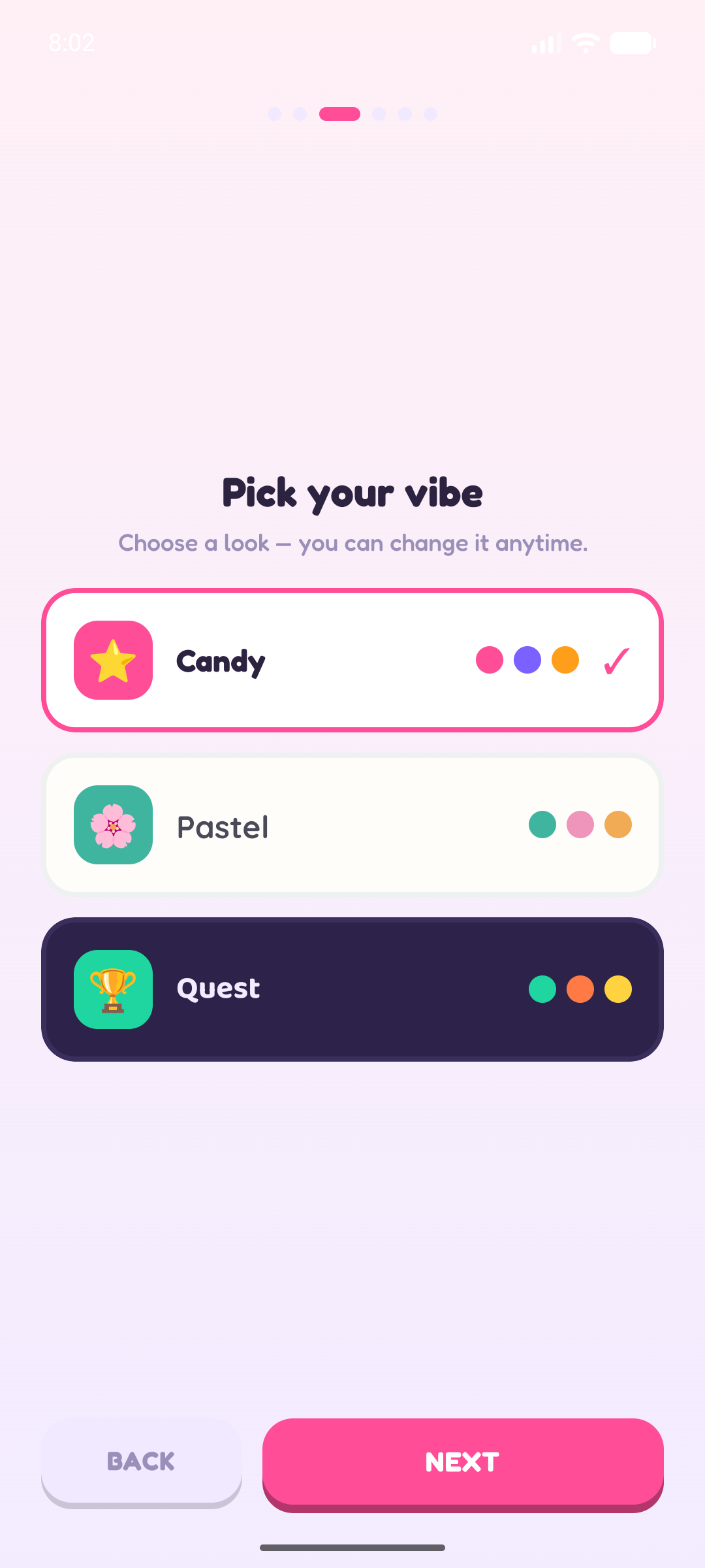 Choosing between the Candy, Pastel and Quest themes