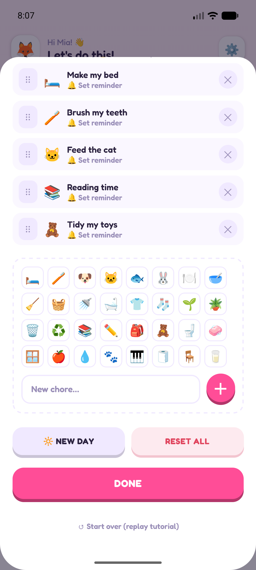 The settings screen where chores and goals are set up